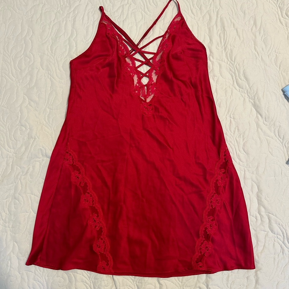 Victoria Secret Red Lace Cross Front Slip Dress Size Large